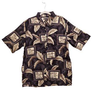 Croft & Barrow Mens M Black Grey Palm Hawaiian Button Up Short Sleeve Casual vac